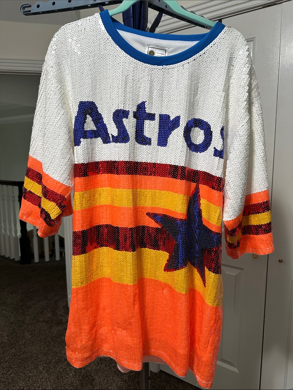 Woman’s Astros Sequin Short Sleeve Top - White, Orange & Yellow